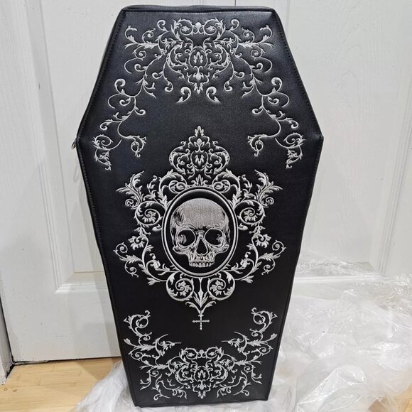 Dolls Kill Handbags - Dolls Kill Embroidered Skull Black Coffin Bag